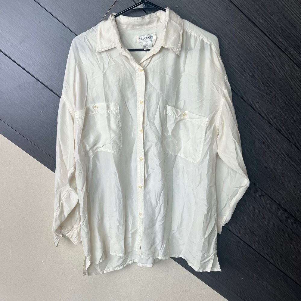 Bogari Women's Silk Button Front Pocket Blouse Large Ivory Classic